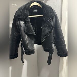 PRETTYLITTLETHING Black Faux Leather Faux Fur Cropped Aviator